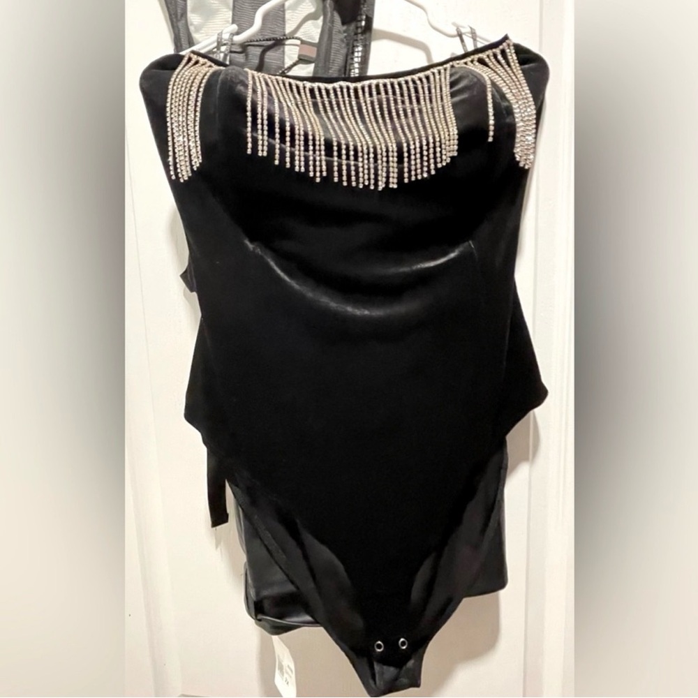Forever 21 Black Bodysuit with Silver Fringe
